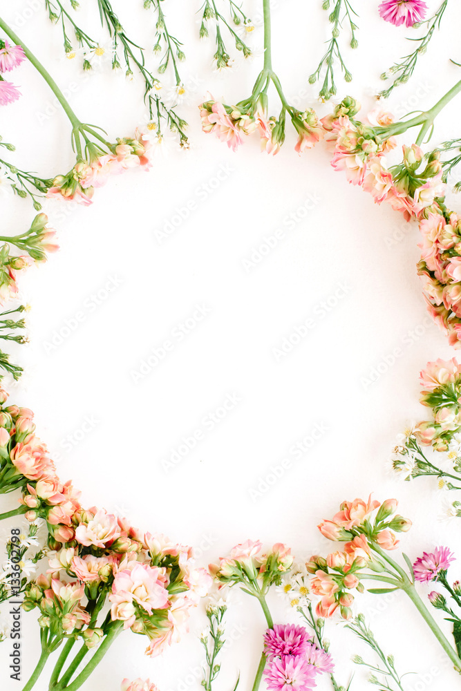 Wreath frame made of wildflowers. Flat lay, top view. Valentine's background