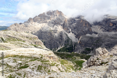 Mountain Elferkofel panorama and Alpine Hut Zsigmondyhütte in Sexten Dolomites, South Tyrol, Italy