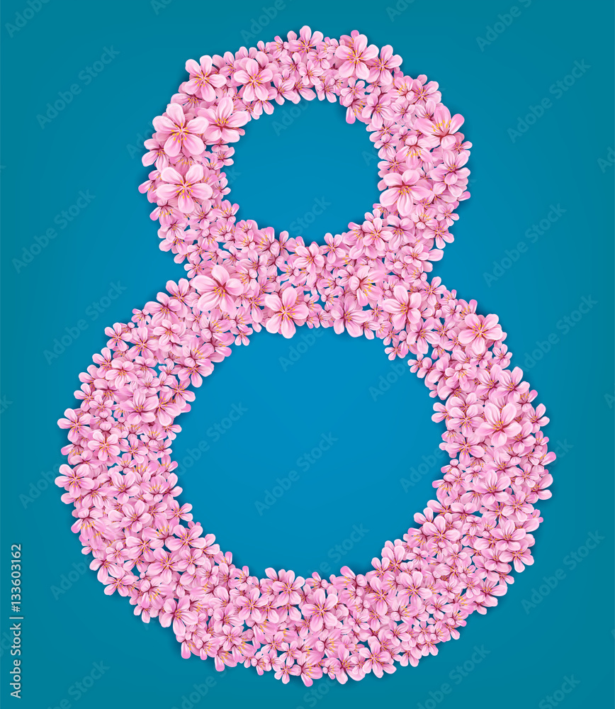 Vector beautiful floral pink sakura number eight 8 march card spring holiday womans day on blue backgroud Vector beautiful floral pink sakura number eight 8 march card spring holiday womans day on blue backgroud