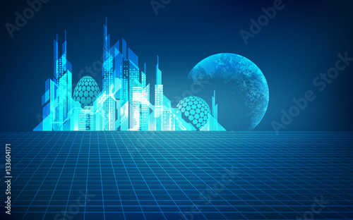 futuristic city with a planet as a background, digital building in a matrix style