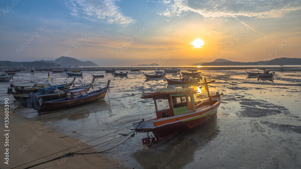 aerial view fishing boats during sunrise time 