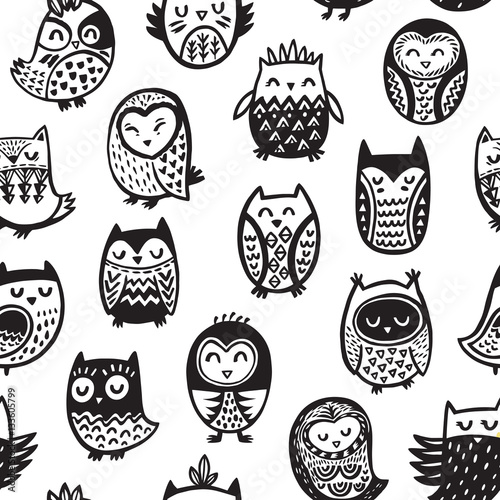 Seamless pattern with ink owls. Tribal art