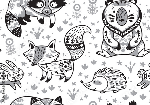 Woodland animals seamless pattern in monochrome