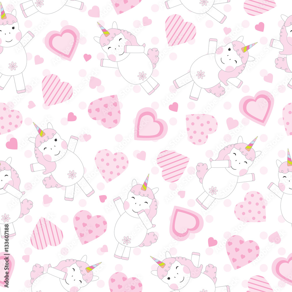 Valentine\'s Day seamless background with cute pink unicorn and ...