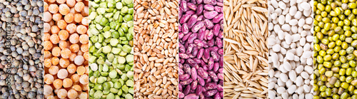 collage of various cereals, seeds, beans and grains