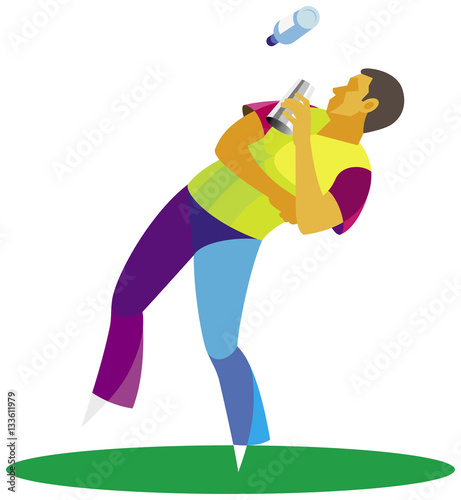 young man is professional bartender juggling glass and bottle