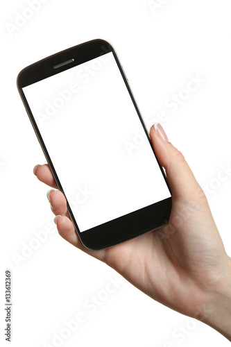 Female hand holding a smart phone isolated on white background.