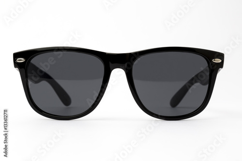Chic sunglasses with black plastic frame isolated on white background, front view