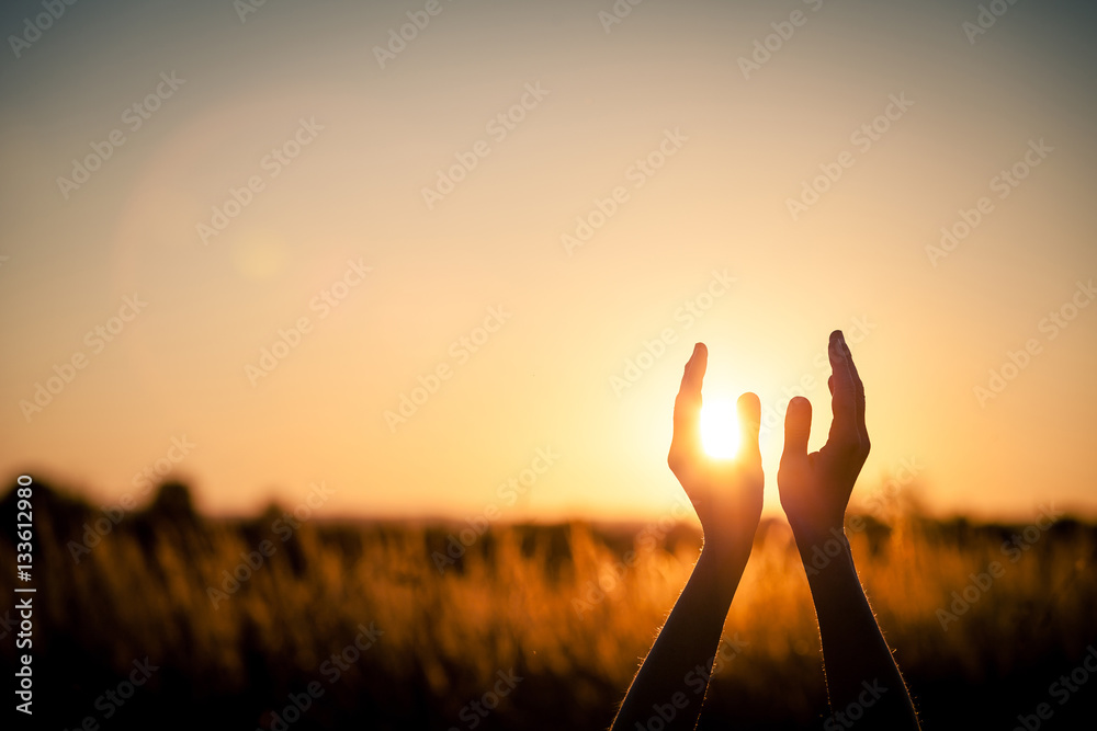 silhouette of female hands during sunset.
