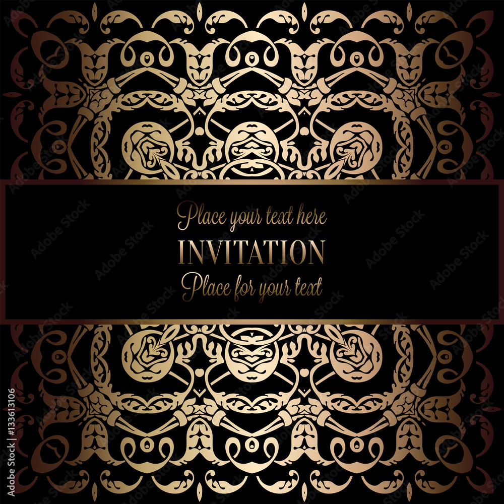 Abstract background with antique, luxury black and gold vintage frame, victorian banner, damask floral wallpaper ornaments, invitation card, baroque style booklet, fashion pattern, template for design