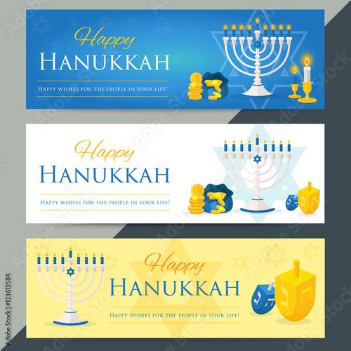 Holiday of Hanukkah web banner collection. Jewish symbols for ce