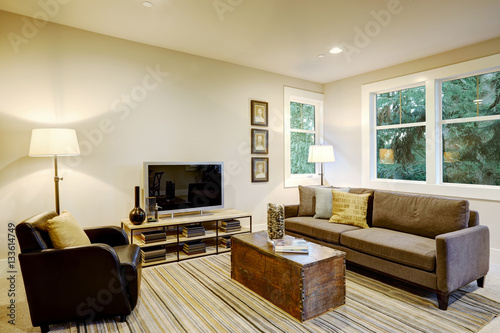 Family room interior with gray sofa and trunk coffee table