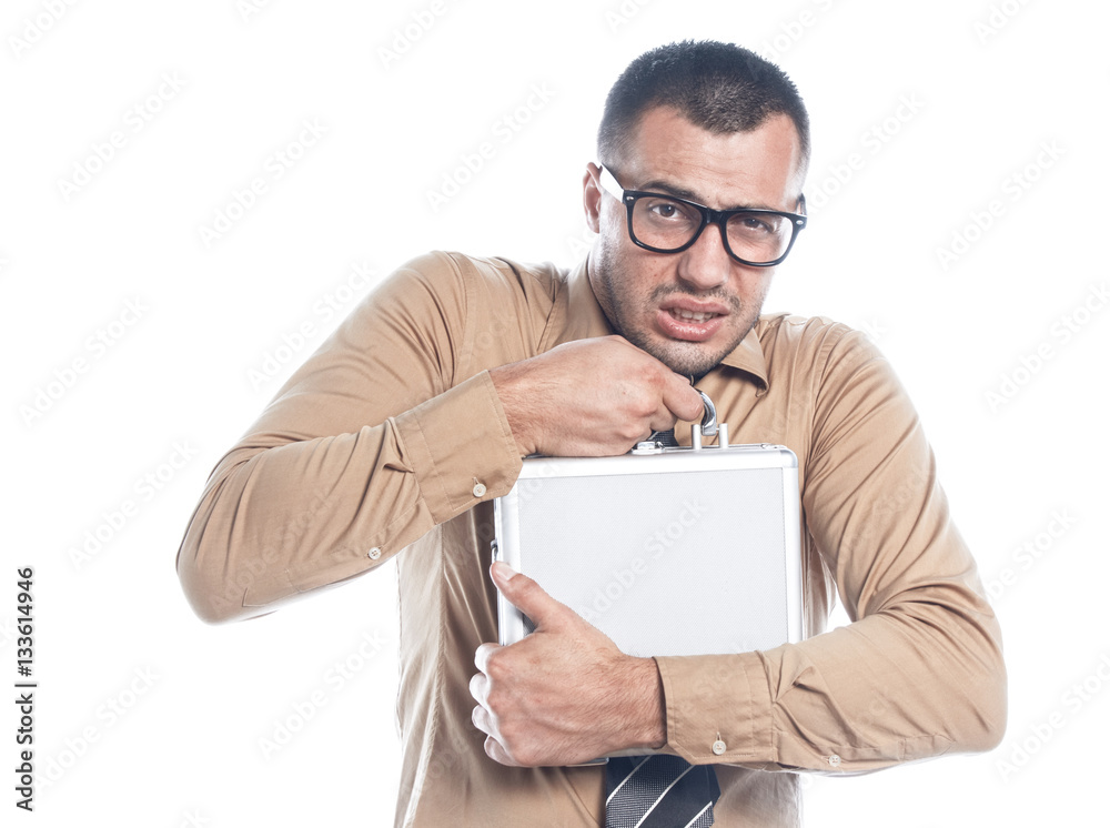 Businessman keeping protective case Businessman keeping protective case