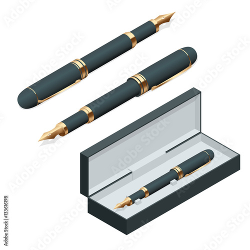 Elegant gold plated business fountain pen isolated on white background. Flat 3d vector isometric illustration