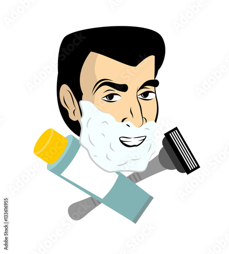 Man with shaving foam. razor and tube shaving gel. Guy shaves. B
