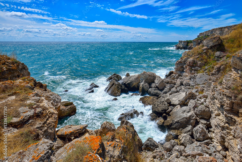 The rocky coast of the Black Sea at Tyulenovo, Bulgaria