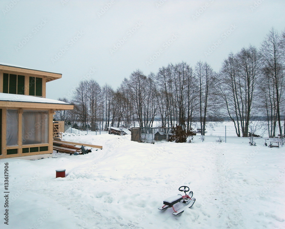 Russian Winter. Winter landscape. Cosy winter house. Morning. snowfall. Russian Winter. Winter landscape. Cosy winter house. Morning. snowfall.