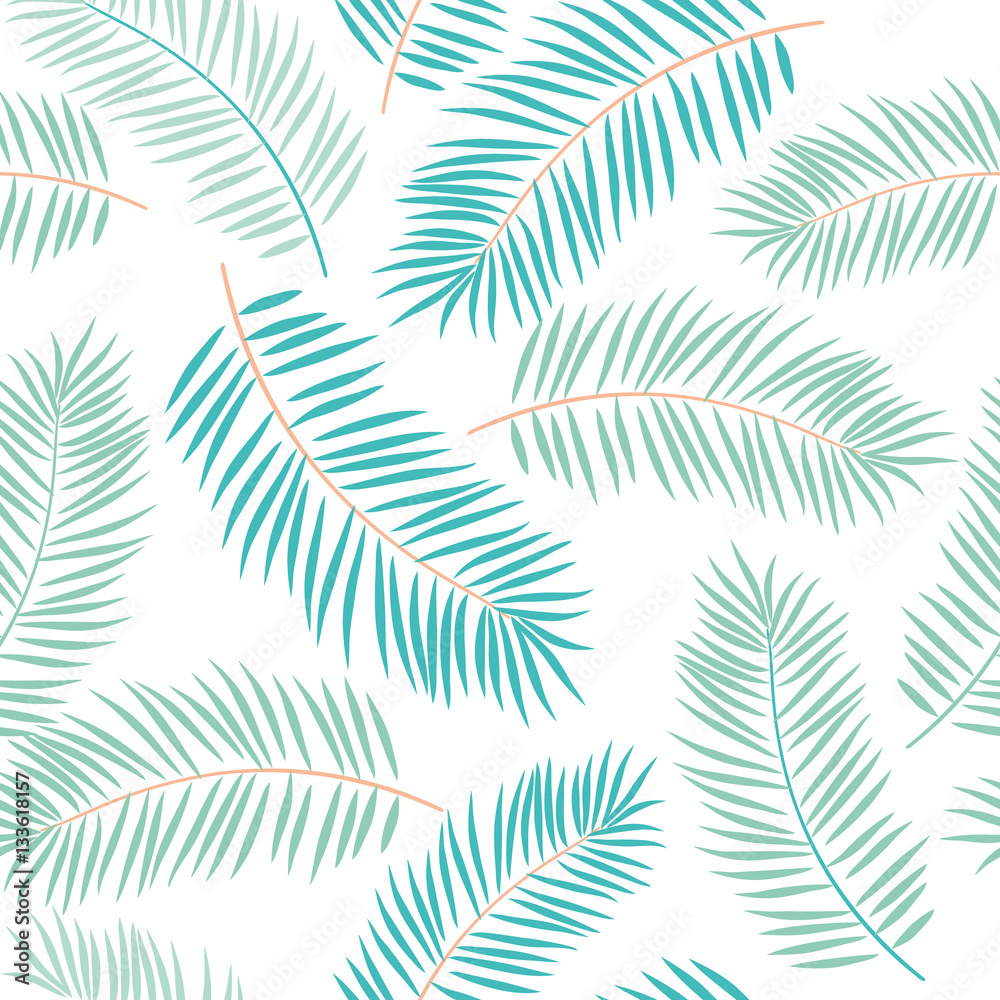 Palm leaves on the white background. Vector seamless pattern with tropical plants. Jungle foliage illustration.