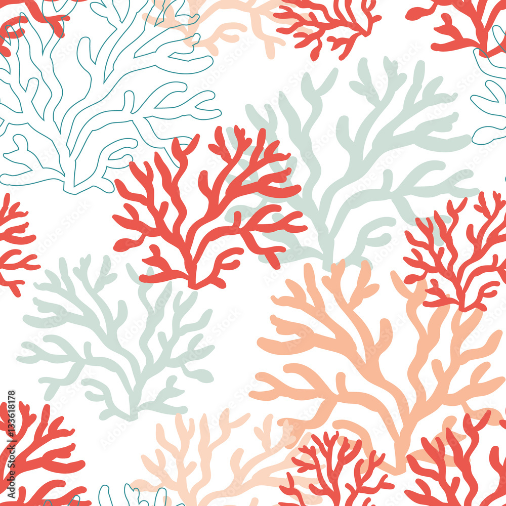 Fototapeta premium Red, pink and mint corals on the white background. Vector seamless pattern with tropical reef. Nautical doodles.