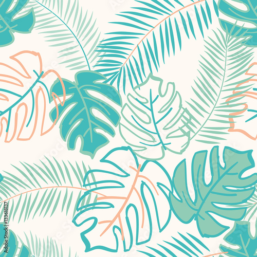 Palm and monstera leaves on the white background. Vector seamless pattern with tropical plants. Jungle foliage illustration. Green and orange.
