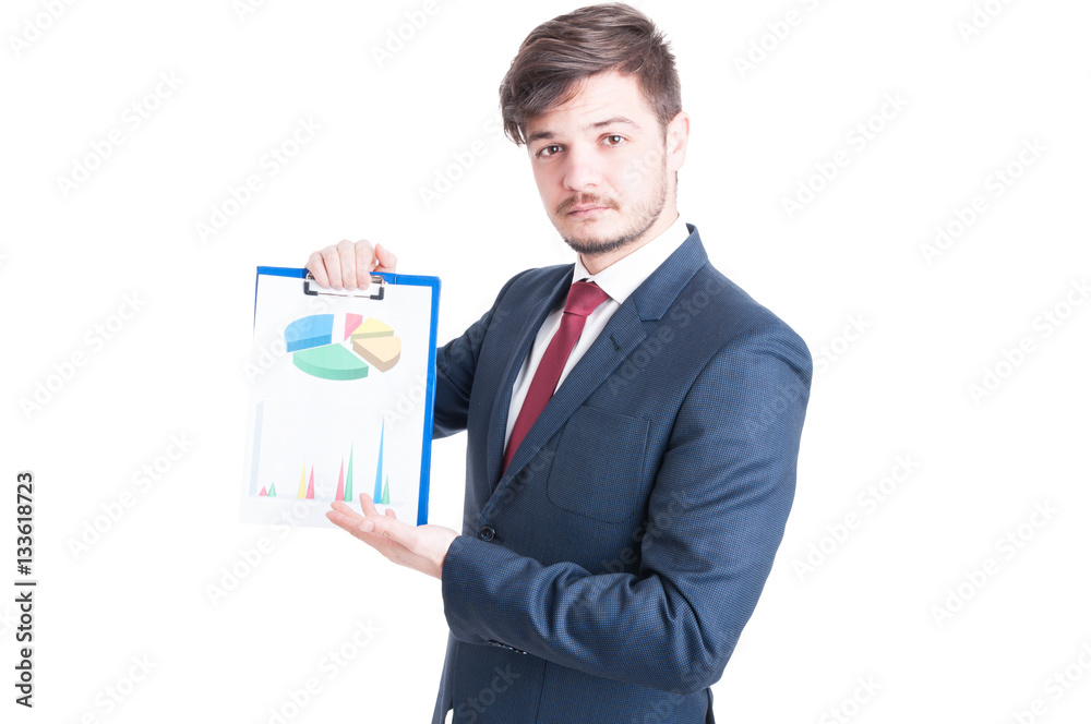 Business man or marketing manager showing charts clipboard Business man or marketing manager showing charts clipboard