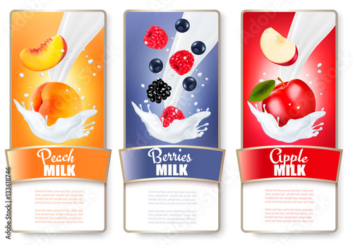 Set of three labels of fruit and berries in milk splashes. Apric