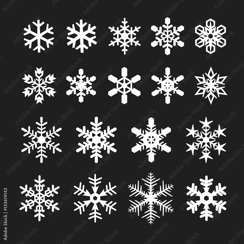 snowflake icons set, vector illustration isolated on black background. snowflake icons set, vector illustration isolated on black background.