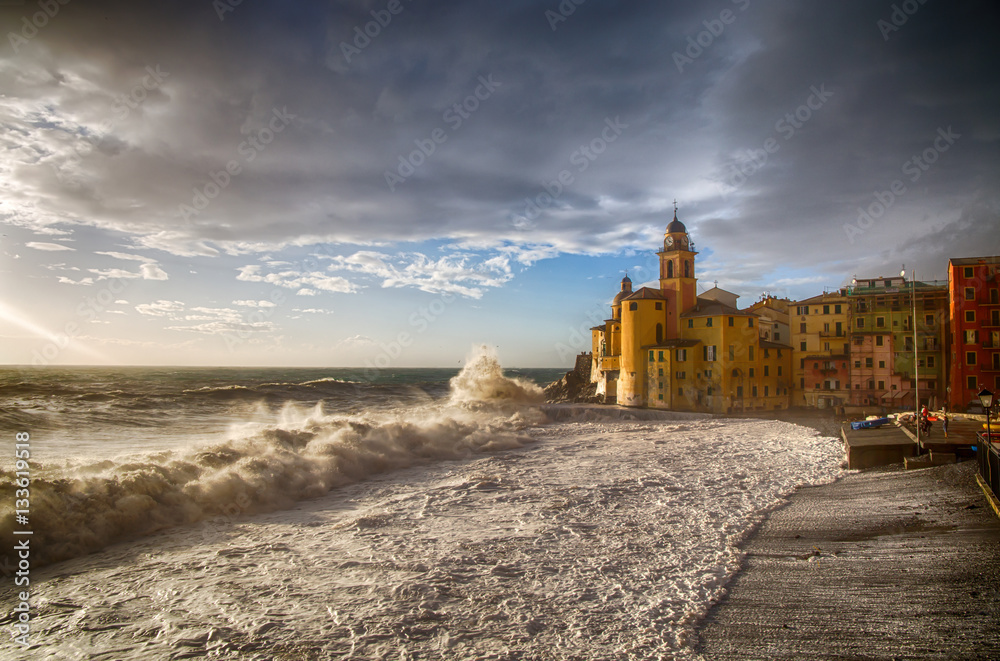 Beautiful Small Mediterranean Town with rough sea - Camogli, Genoa, (Genova) Italy, Europe
