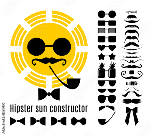 Hipster style infographic elements and icons set for retro sun design. Hipster sun constructor with collection of  mustaches, glasses, bow ties and a pipe. Set for summer design. Vector illustration