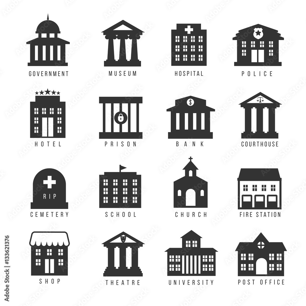 Government building icon set. Vector buildings like university, police office and city hall, hospital museum