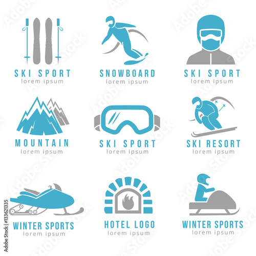 Ski resort and mountain hotel logo set with skiing  snowboarding