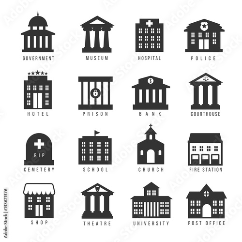 Government building icon set. Vector buildings like university, police office and city hall, hospital museum