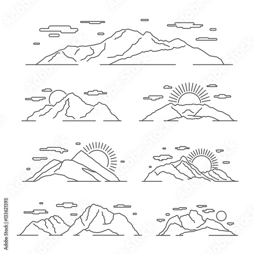 Linear mountains vector illustration. Line mountain alps landscape set