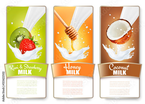 Set of three labels of fruit and berries in milk splashes. Kiwi,