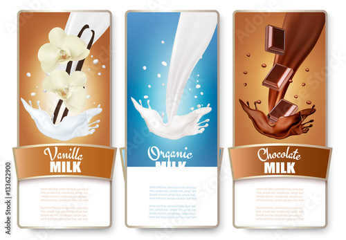 Set of three labels of milk, chocolate and vanilla milk splashes