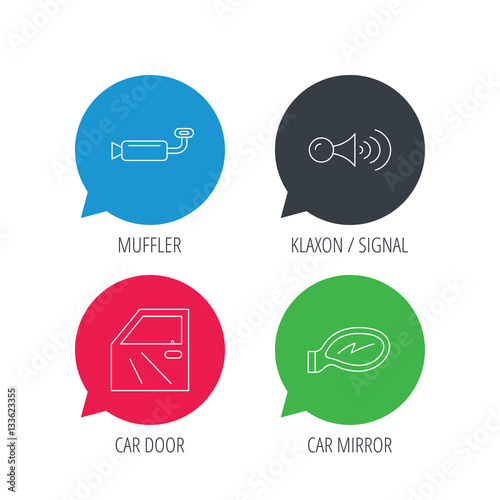 Colored speech bubbles. Car door, muffler and klaxon signal icons. Car mirror linear sign. Flat web buttons with linear icons. Vector