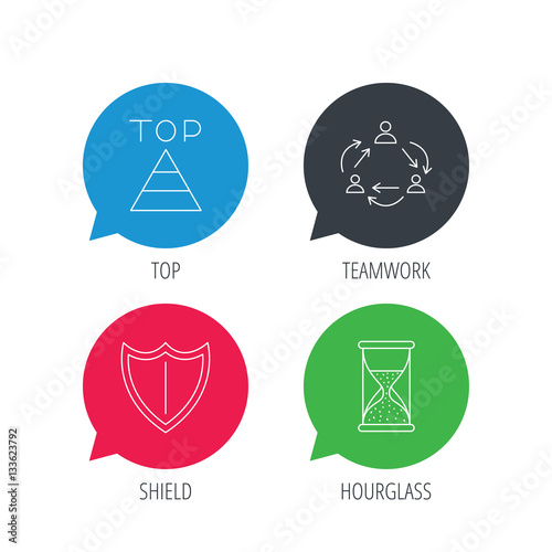 Colored speech bubbles. Teamwork  shield and top pyramid icons. Hourglass linear sign. Flat web buttons with linear icons. Vector