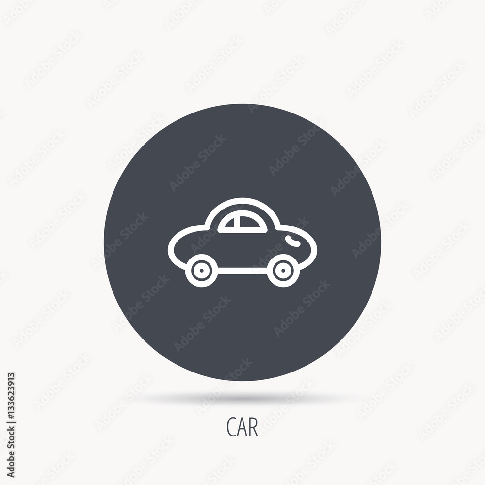 Baby car icon. Transport sign. Toy vehicle symbol. Round web button with flat icon. Vector