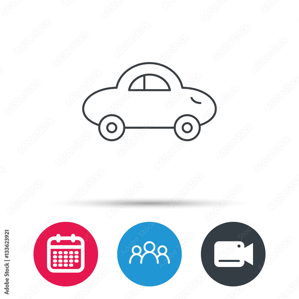 Baby car icon. Transport sign. Toy vehicle symbol. Group of people, video cam and calendar icons. Vector