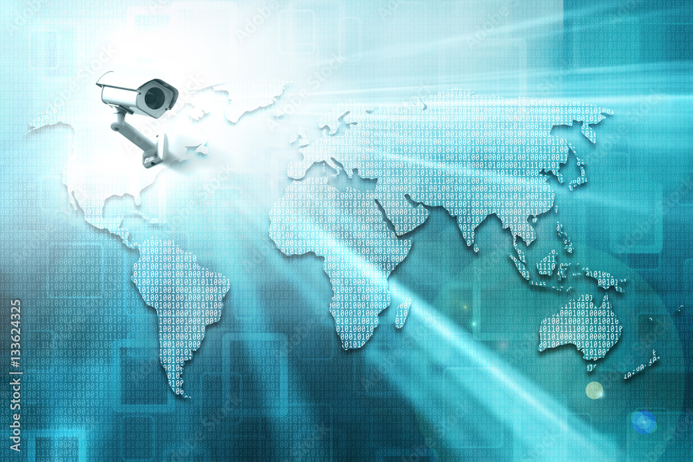 Obraz premium World map formed by binary numbers and security camera. 3D illustration.