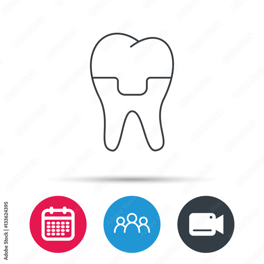 Dental crown icon. Tooth prosthesis sign. Group of people, video cam and calendar icons. Vector