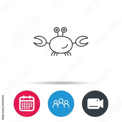Crab icon. Cancer shellfish sign. Wildlife symbol. Group of people, video cam and calendar icons. Vector