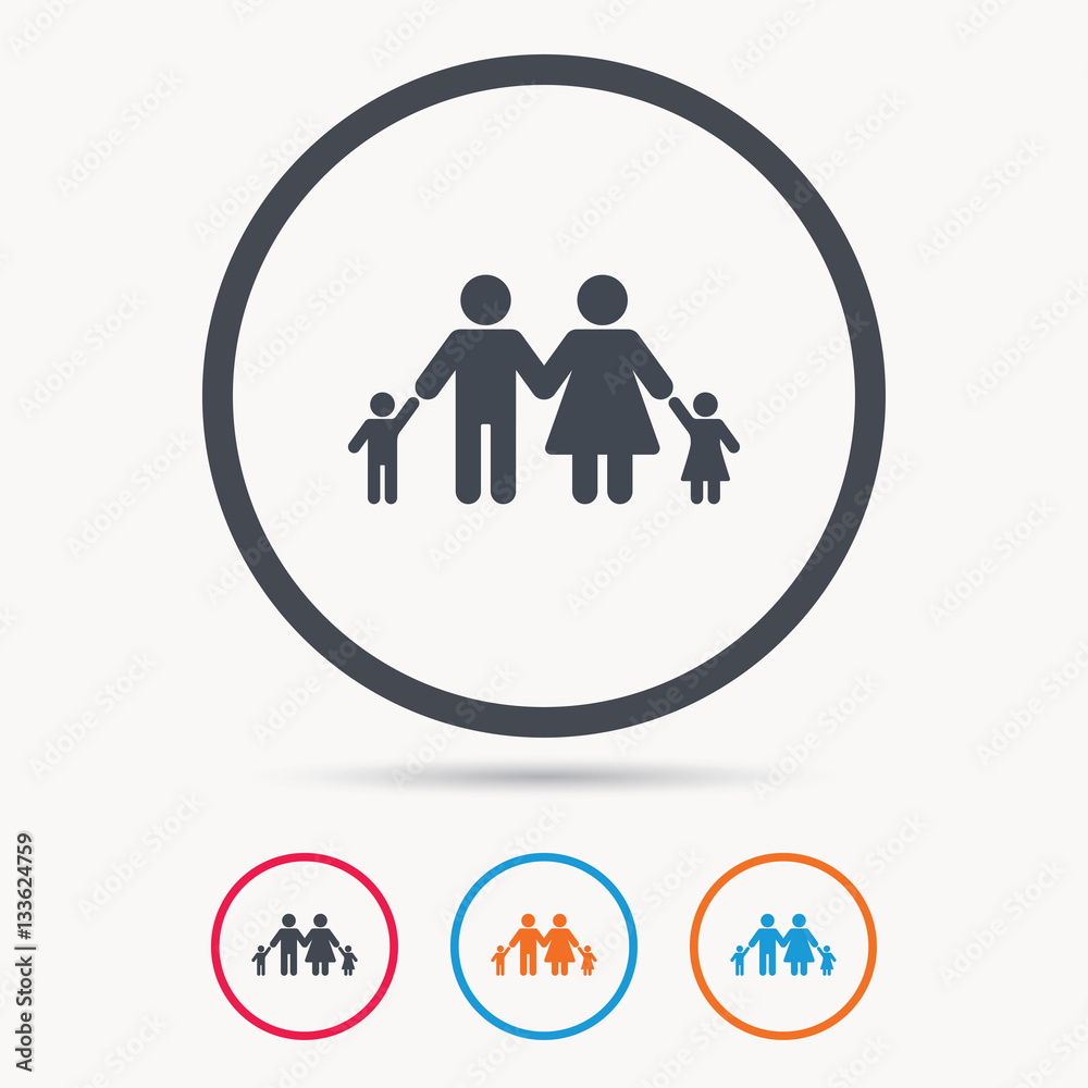 Family icon. Father, mother and child symbol. Colored circle buttons with flat web icon. Vector Family icon. Father, mother and child symbol. Colored circle buttons with flat web icon. Vector
