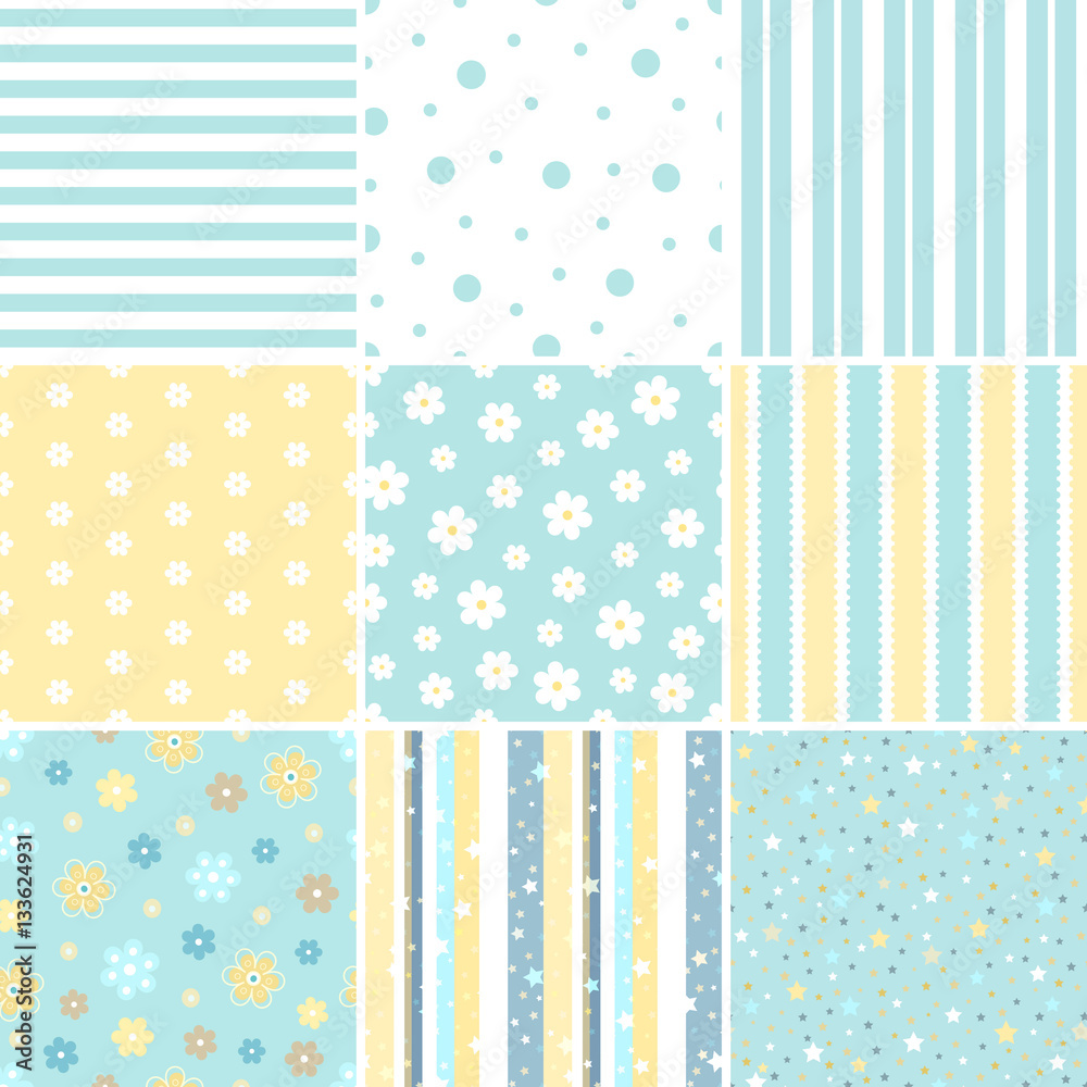 Set of Seamless patterns with Flower, star, polka dots, stripes. Set of Seamless patterns with Flower, star, polka dots, stripes.