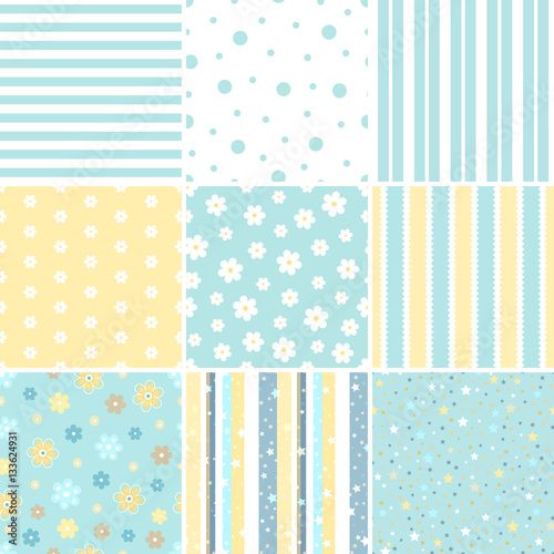 Set of Seamless patterns with Flower, star, polka dots, stripes.