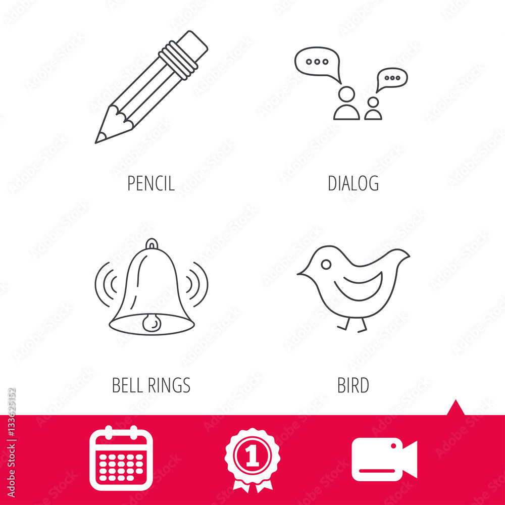 Achievement and video cam signs. Dialogue, pencil and bird icons. Bell rings linear sign. Calendar icon. Vector
