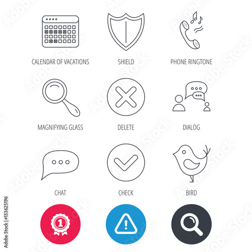 Achievement and search magnifier signs. Phone ringtone, chat speech bubble icons. Shield, dialog and magnifier linear signs. Bird, calendar of vacations icons. Hazard attention icon. Vector