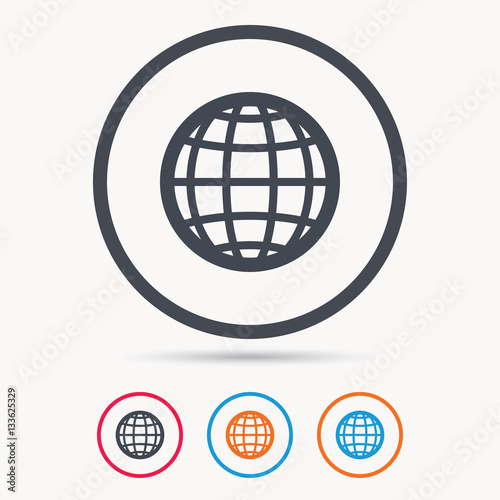 Globe icon. World or internet symbol. Colored circle buttons with flat web icon. Vector