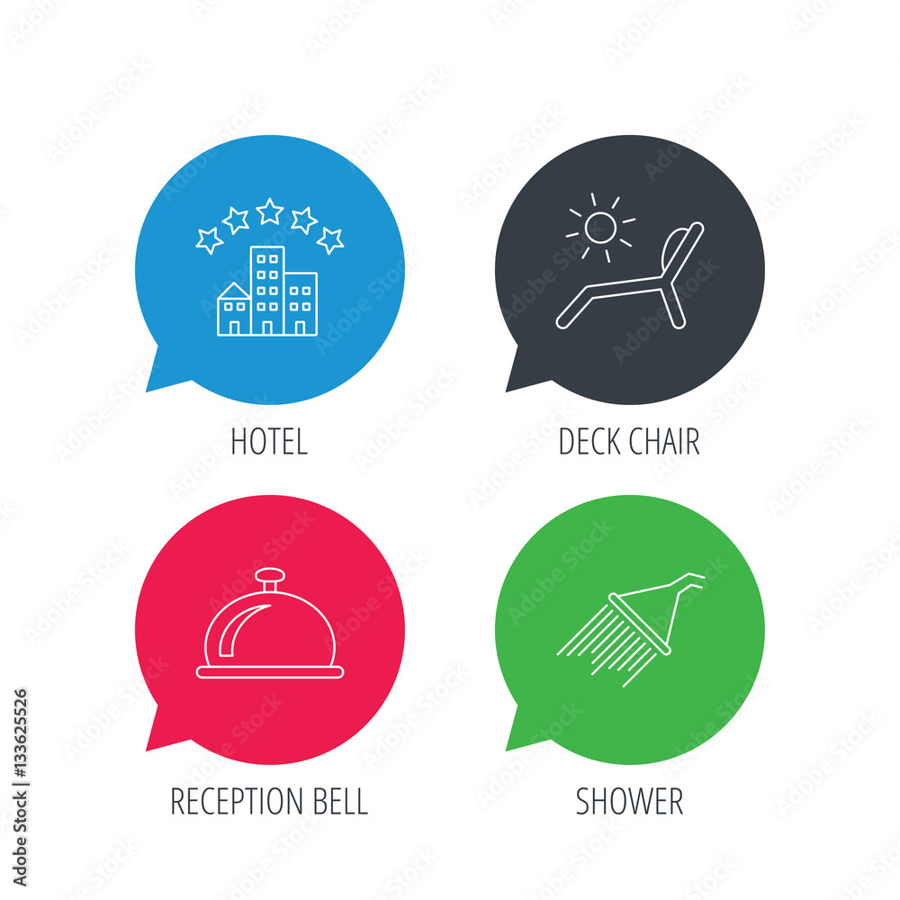 Colored speech bubbles. Hotel, shower and beach deck chair icons. Reception bell linear sign. Flat web buttons with linear icons. Vector