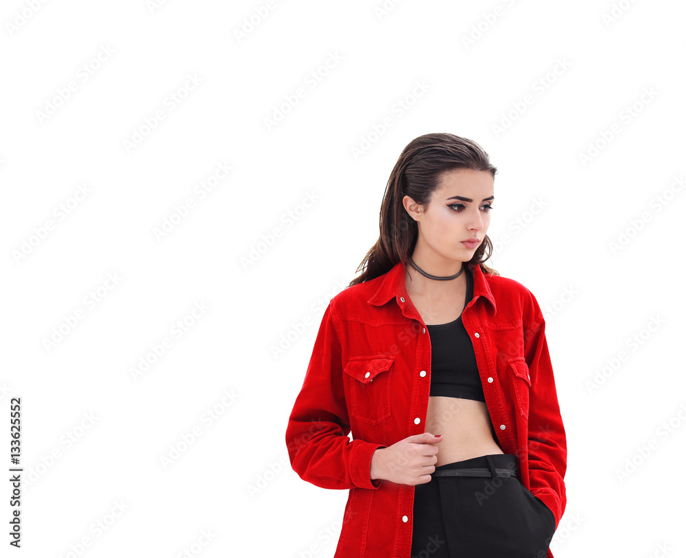 Beautiful woman in fashion clothes on color background Beautiful woman in fashion clothes on color background